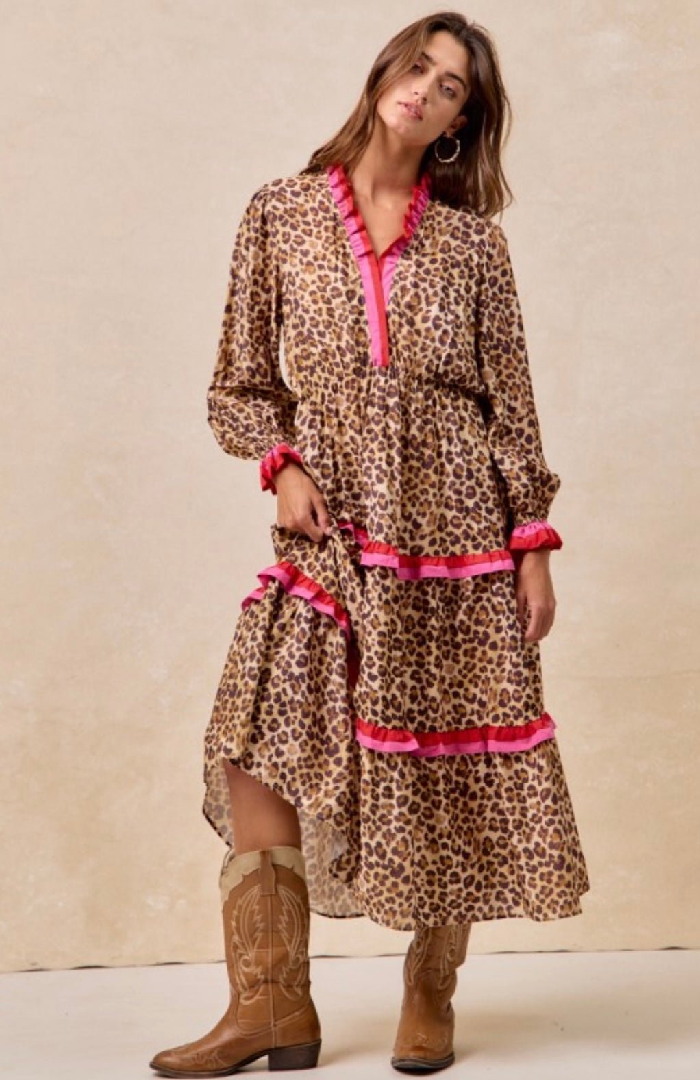 Leopard Printed Midi Dress With Contrast Stripe Edged Details - eloise boutique