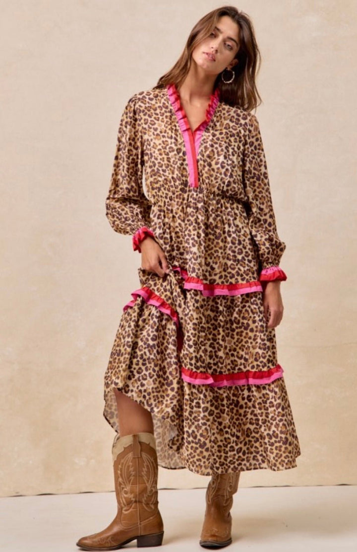 Leopard Printed Midi Dress With Contrast Stripe Edged Details - eloise boutique