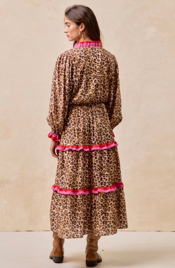Leopard Printed Midi Dress With Contrast Stripe Edged Details - eloise boutique
