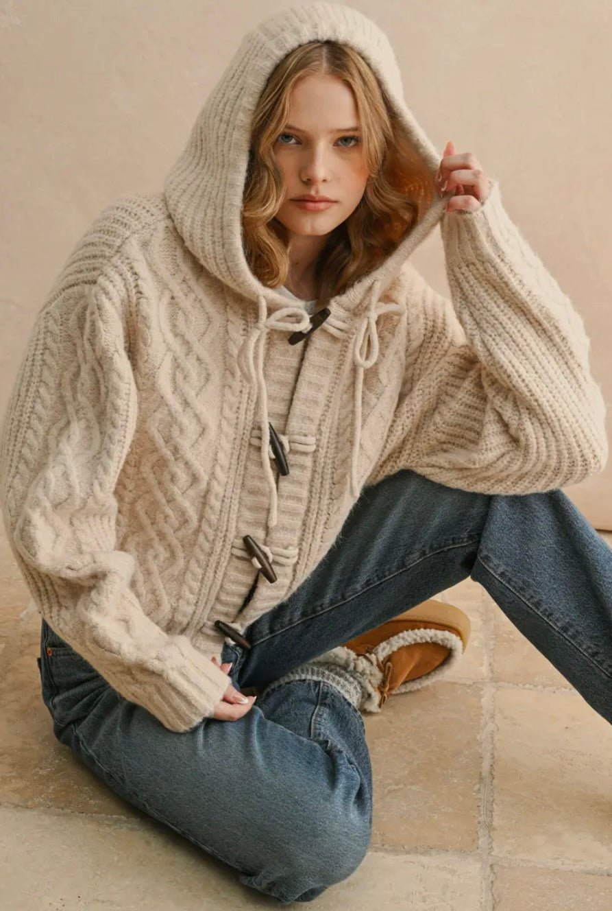 Long Sleeve Cable Knit Cardigan With Hood - eloise boutique