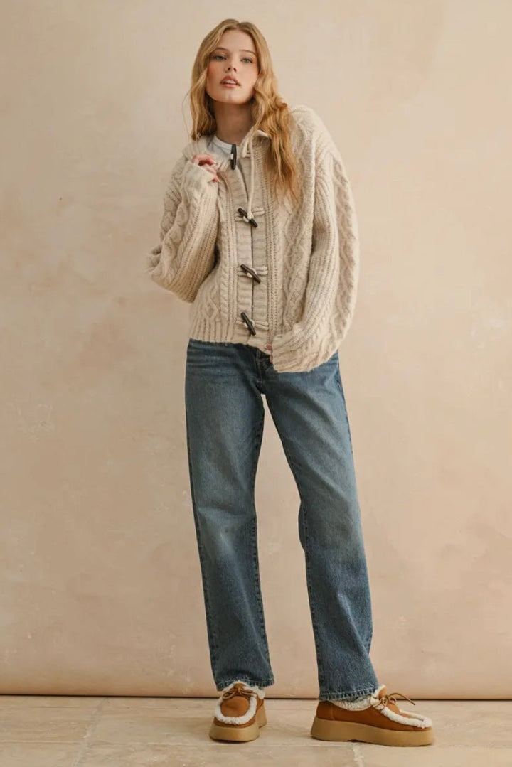 Long Sleeve Cable Knit Cardigan With Hood - eloise boutique