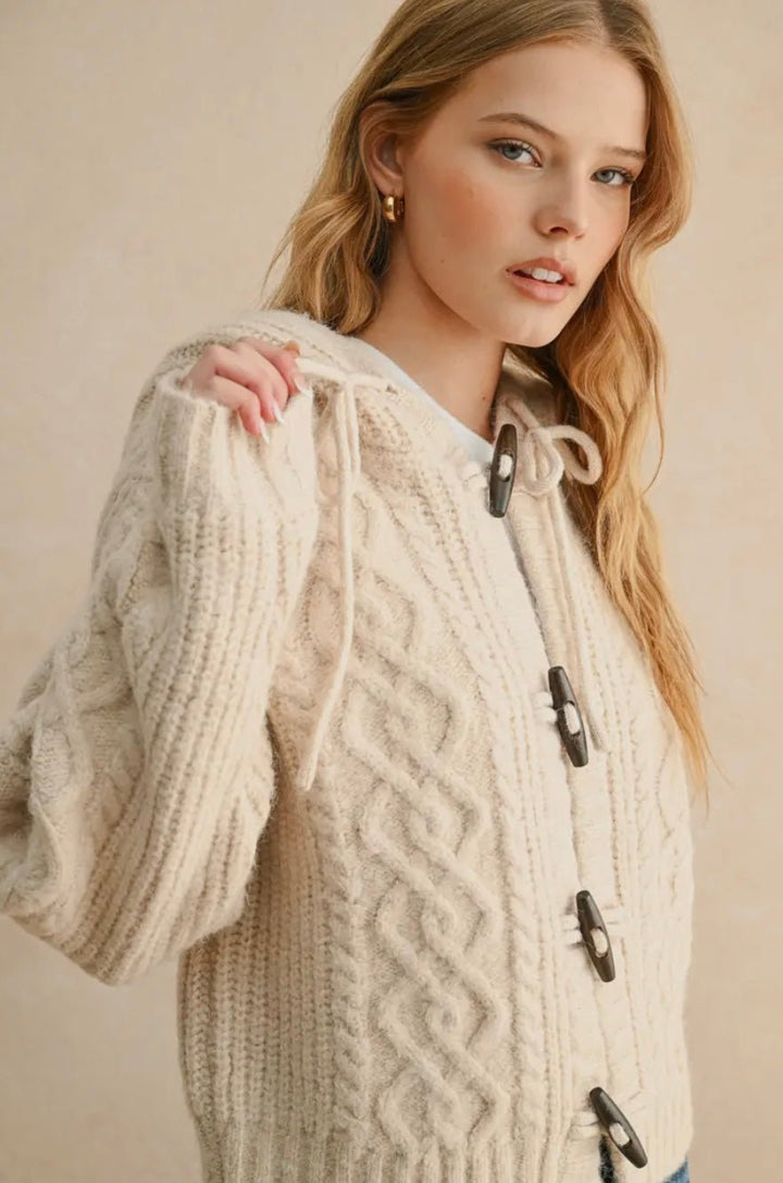 Long Sleeve Cable Knit Cardigan With Hood - eloise boutique