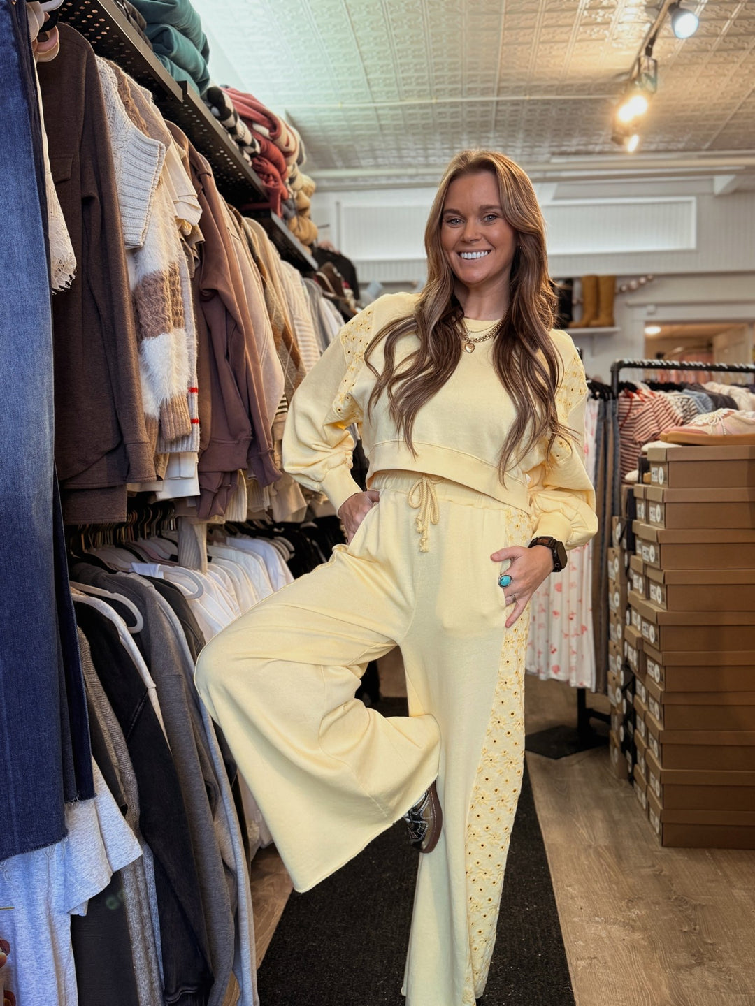 Mellow Yellow Eyelet Lounge Set - eloise boutique