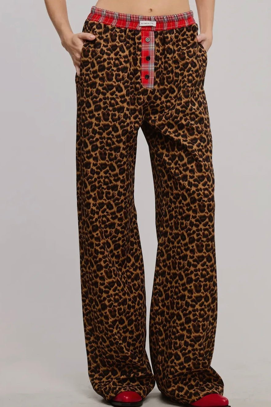 Mimosa Plaid Flannel Contrast Waistband Leopard Boxer Pant - eloise boutique