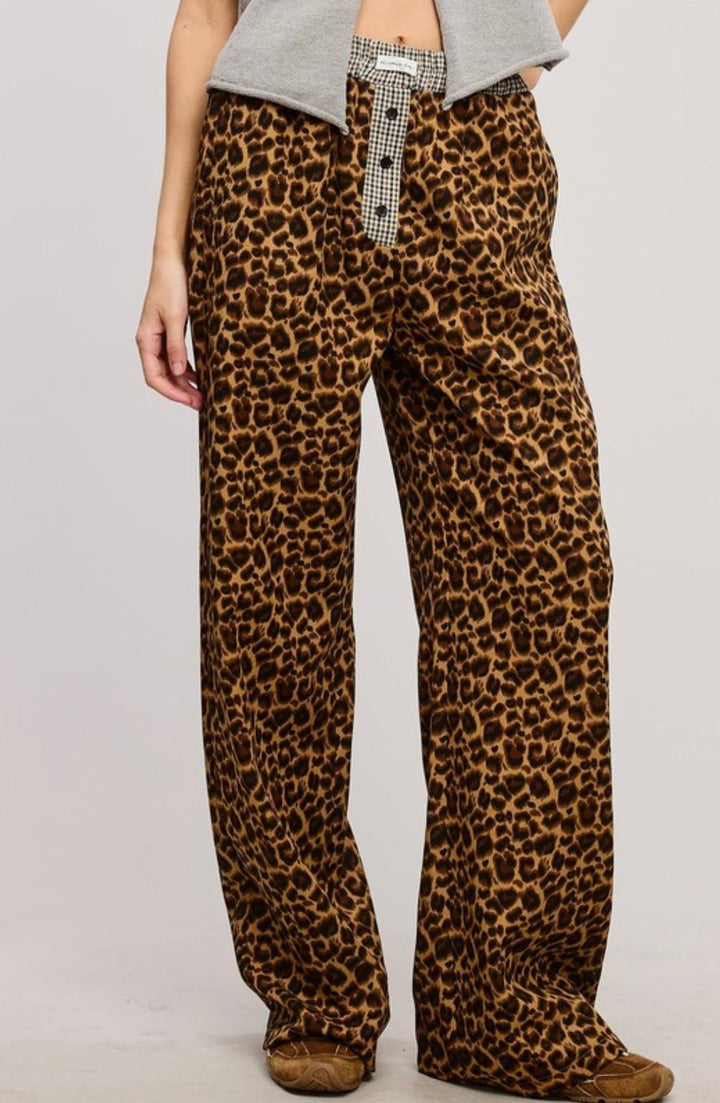 Mimosa Plaid Flannel Contrast Waistband Leopard Boxer Pant - eloise boutique