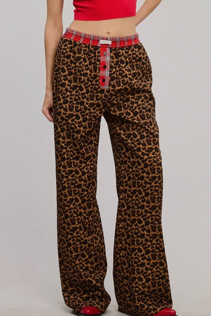 Mimosa Plaid Flannel Contrast Waistband Leopard Boxer Pant - eloise boutique