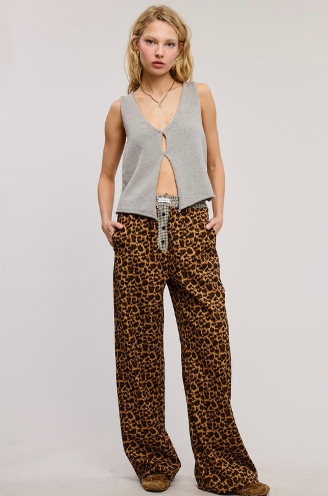 Mimosa Plaid Flannel Contrast Waistband Leopard Boxer Pant - eloise boutique