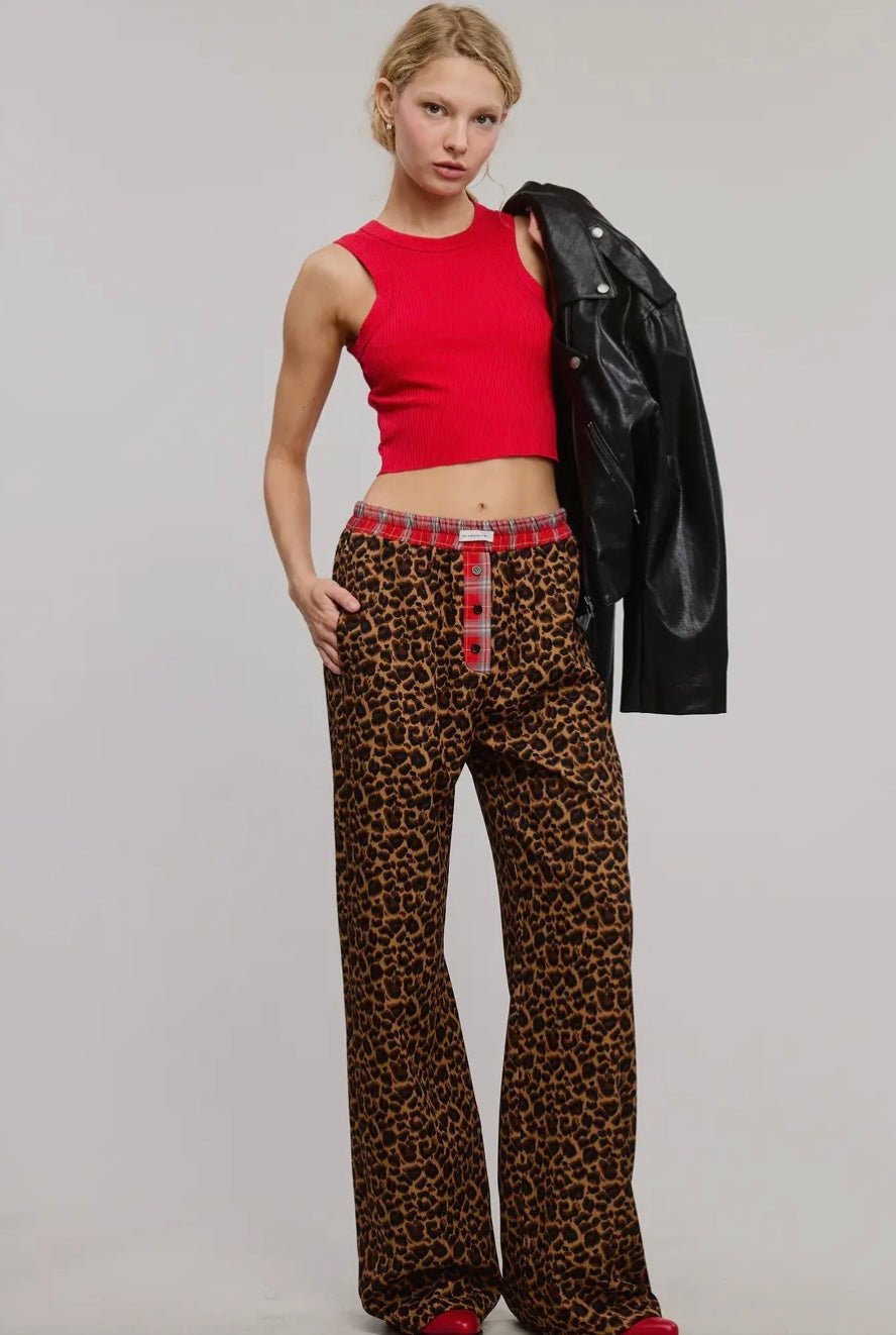 Mimosa Plaid Flannel Contrast Waistband Leopard Boxer Pant - eloise boutique