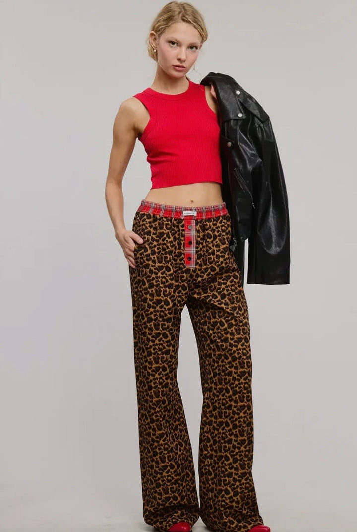 Mimosa Plaid Flannel Contrast Waistband Leopard Boxer Pant - eloise boutique