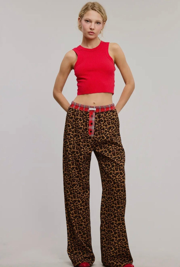 Mimosa Plaid Flannel Contrast Waistband Leopard Boxer Pant - eloise boutique