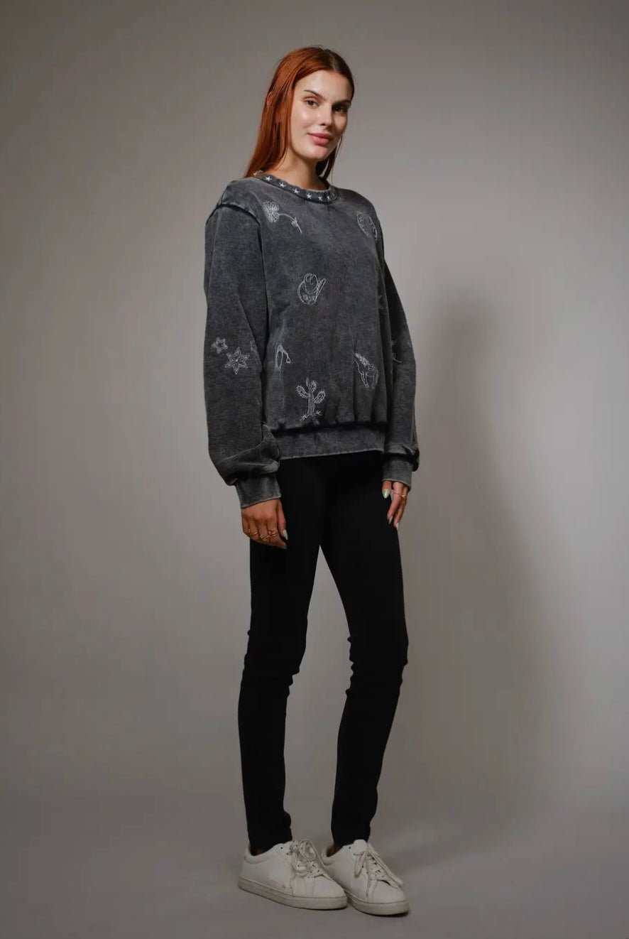 Mineral Washed Western Embroidered Sweatshirt - eloise boutique