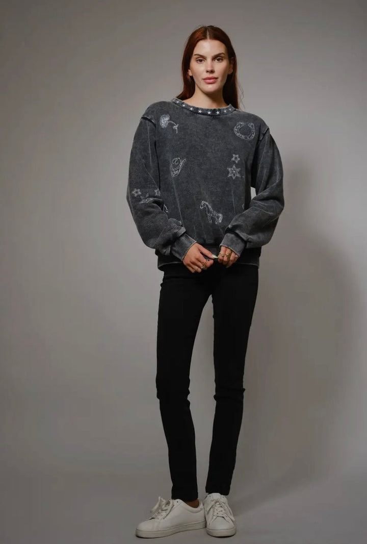 Mineral Washed Western Embroidered Sweatshirt - eloise boutique