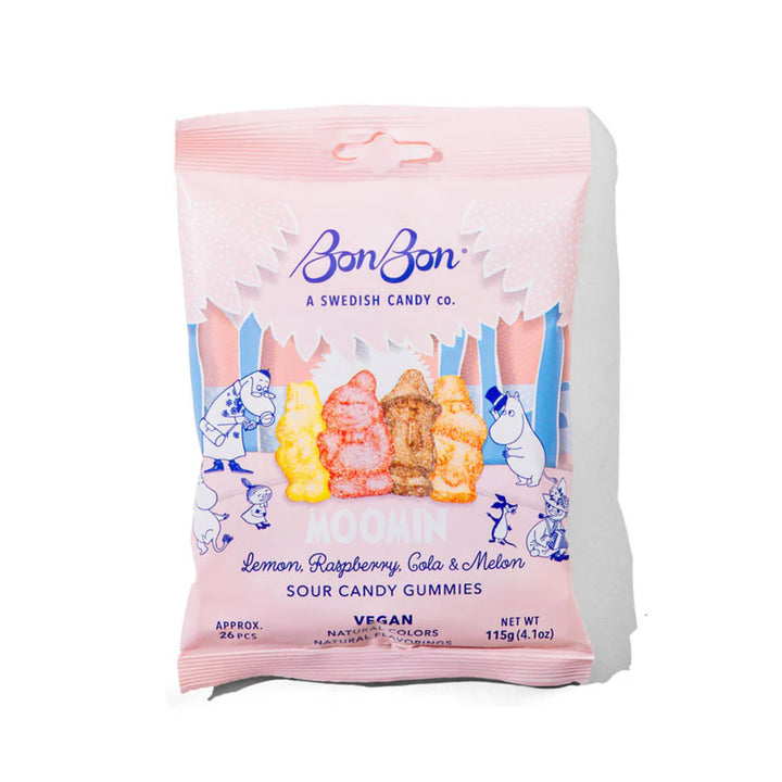 Pink package of BonBon sour candy gummies on a white background