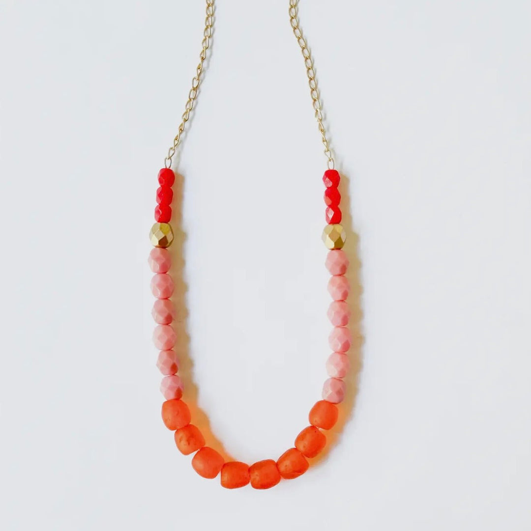 Multicolor Recycled African Glass and Mixed Bead Necklace - Orange - eloise boutique