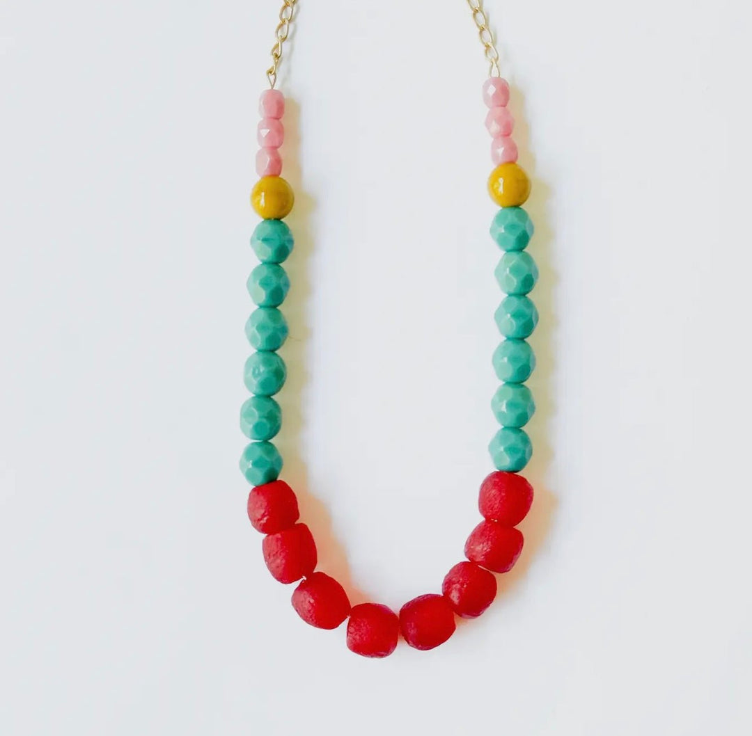 Multicolor Recycled African Glass and Mixed Bead Necklace - Red - eloise boutique