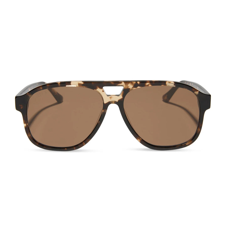 Aviator sunglasses with tortoiseshell frame and brown lenses on a white background