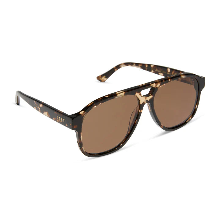 Sunglasses with tortoiseshell frame and brown lenses on a white background