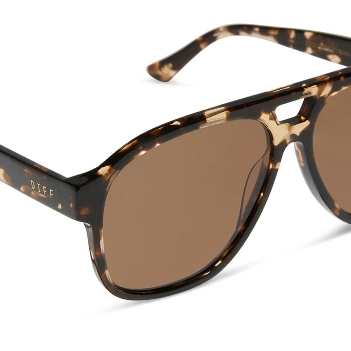 Sunglasses with tortoiseshell frame and brown lenses on a white background