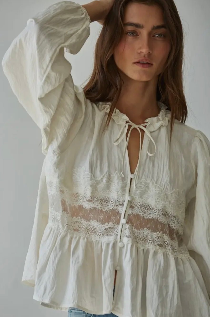 Nylon Sheer Lace Detail Blouse - eloise boutique
