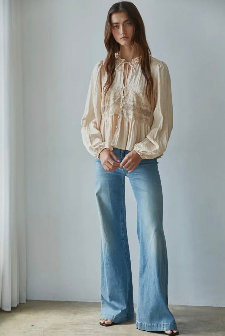 Nylon Sheer Lace Detail Blouse - eloise boutique