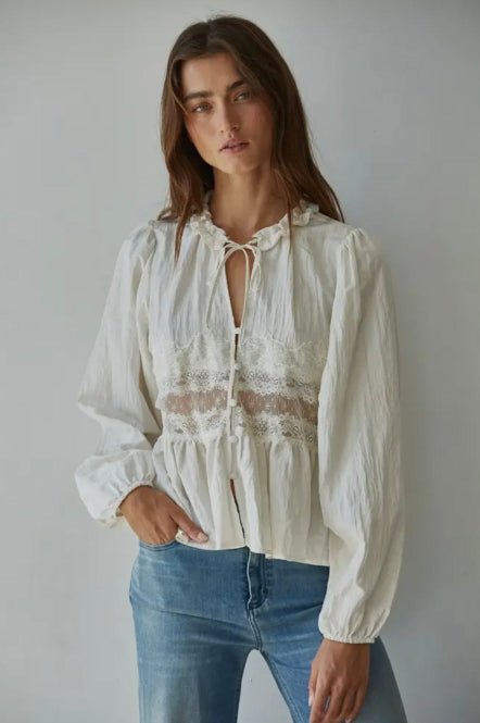 Nylon Sheer Lace Detail Blouse - eloise boutique