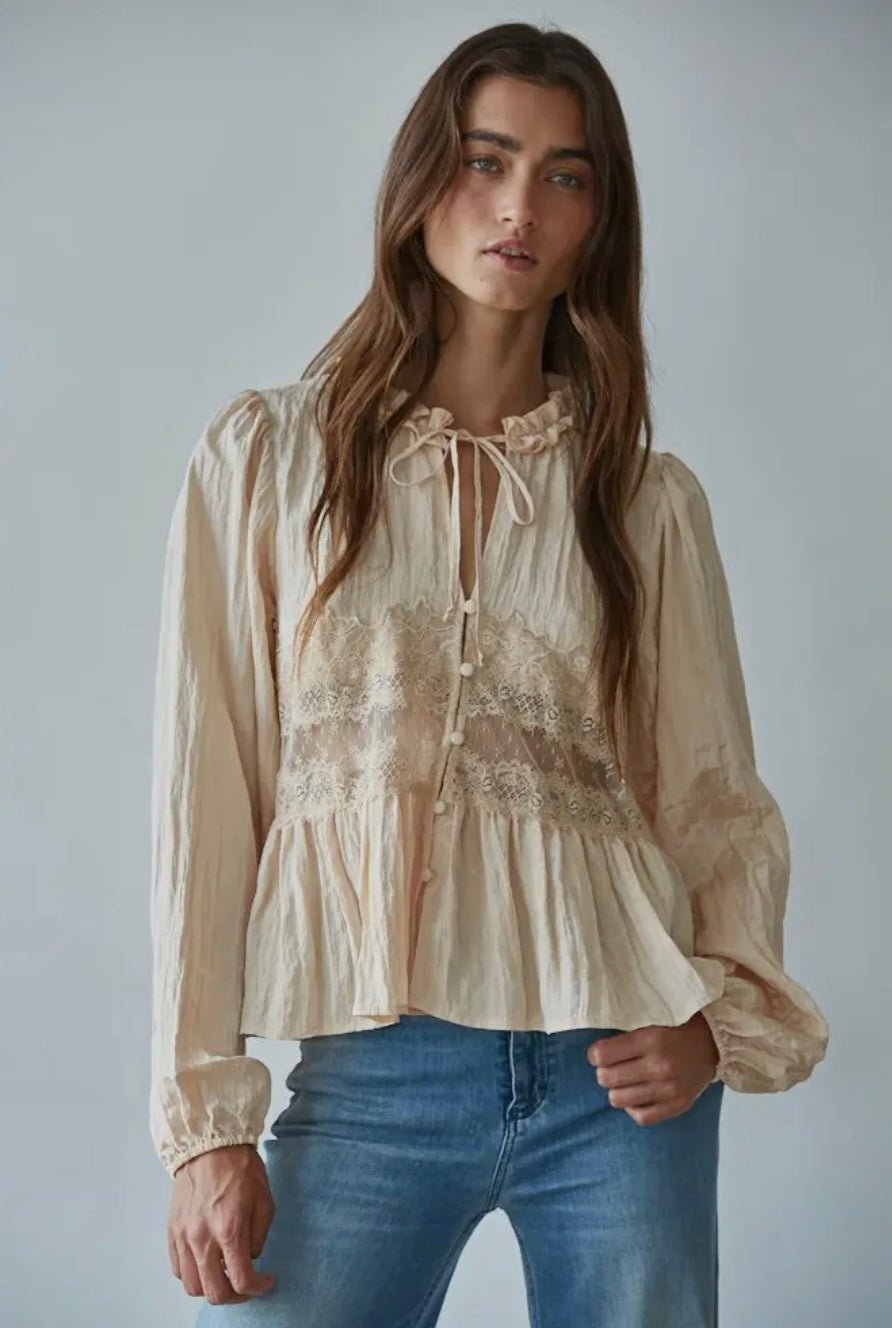 Nylon Sheer Lace Detail Blouse - eloise boutique