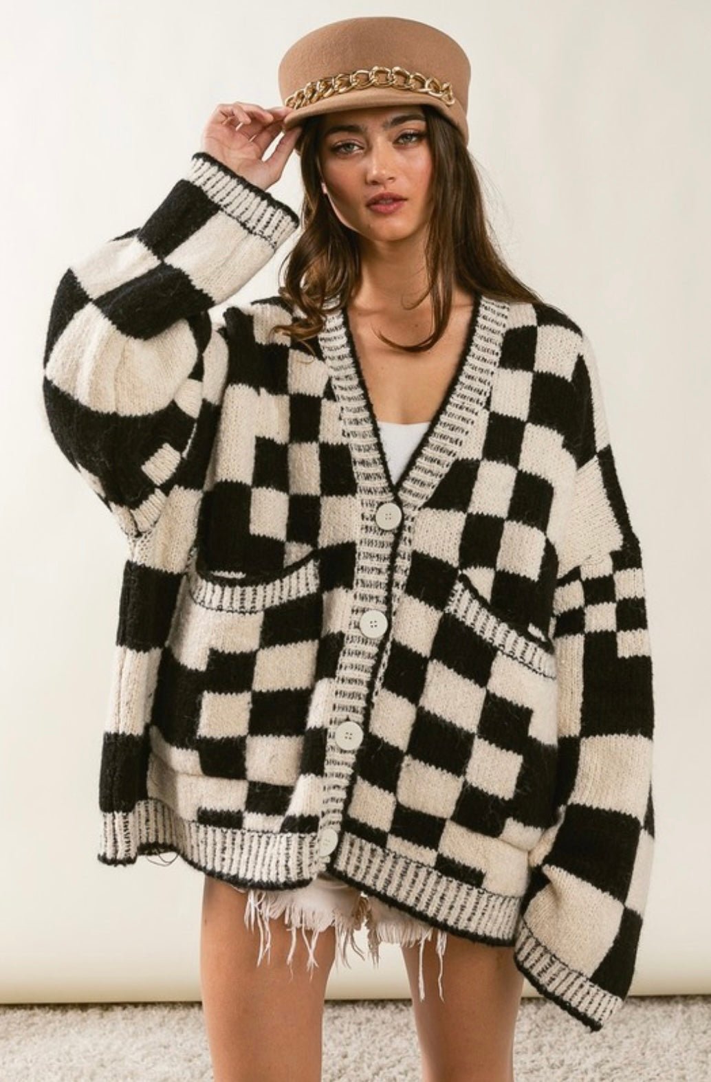 Patch Pockets Checkered Sweater Cardigan - eloise boutique