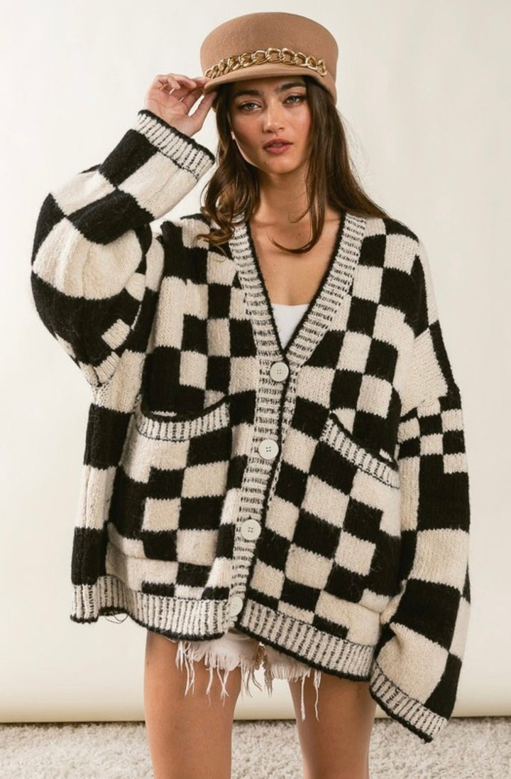 Patch Pockets Checkered Sweater Cardigan - eloise boutique