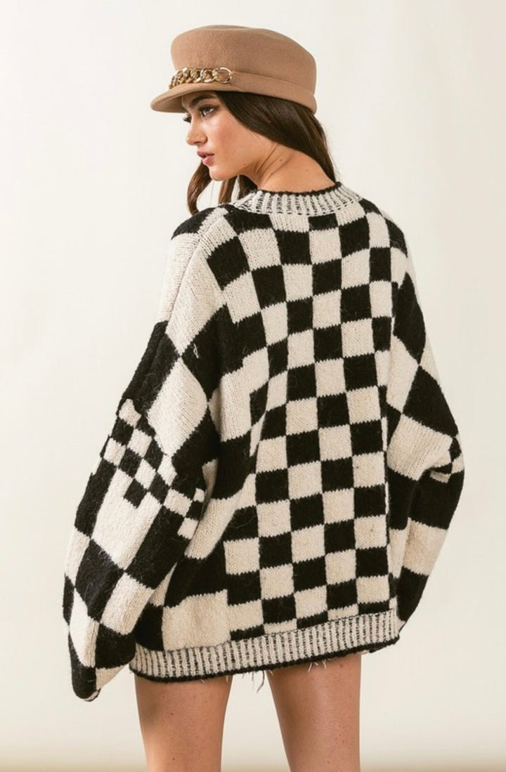 Patch Pockets Checkered Sweater Cardigan - eloise boutique