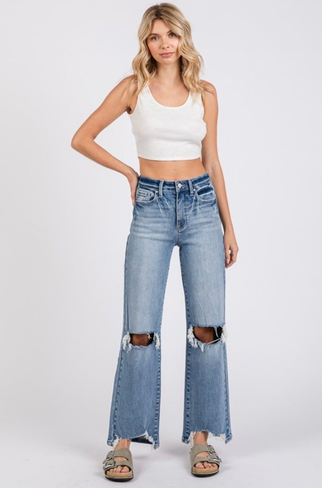 Petra High Rise Stretch Slim Wide Leg w/ Destroyed Hem Jean - eloise boutique
