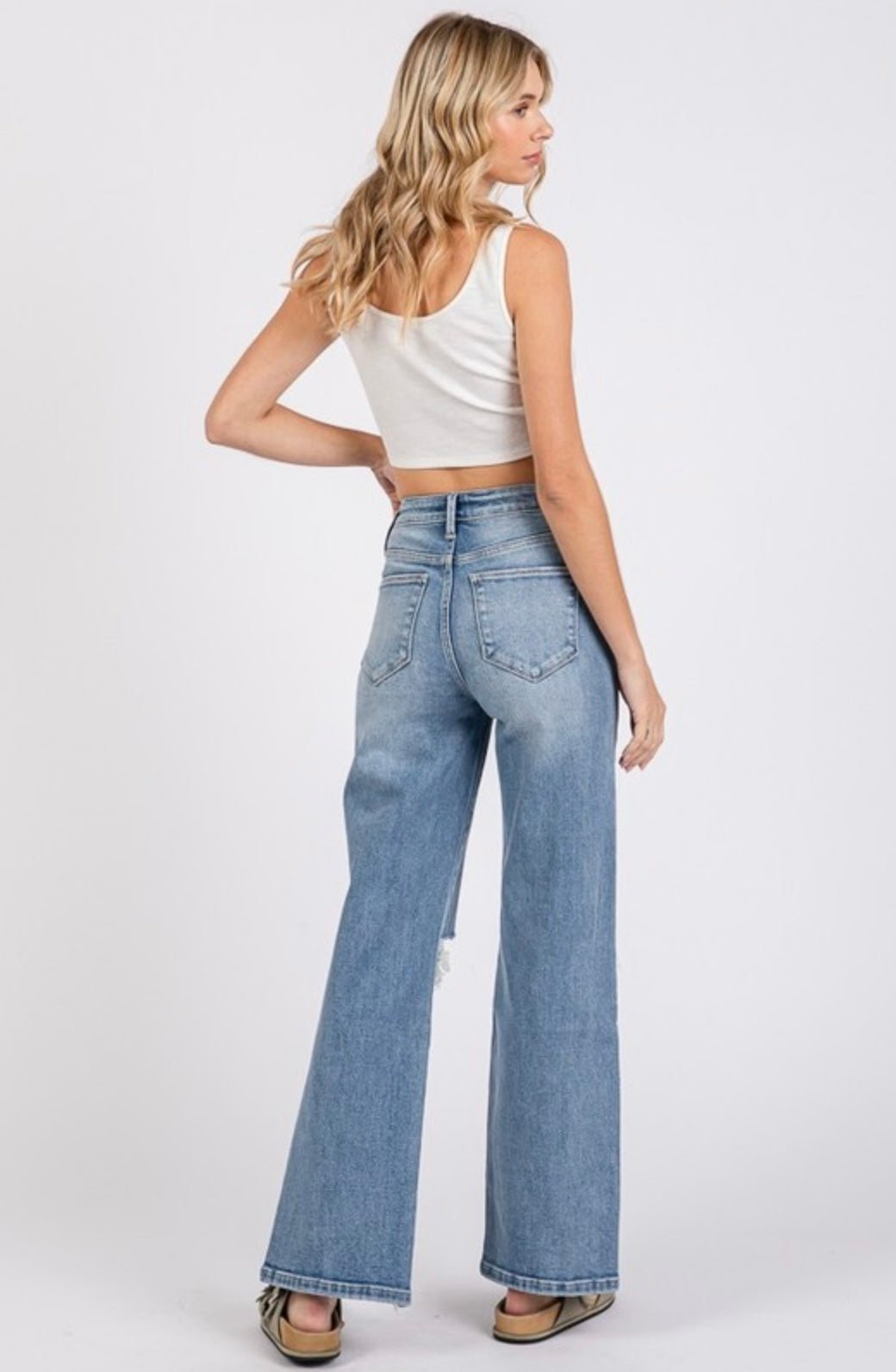 Petra High Rise Stretch Slim Wide Leg w/ Destroyed Hem Jean - eloise boutique