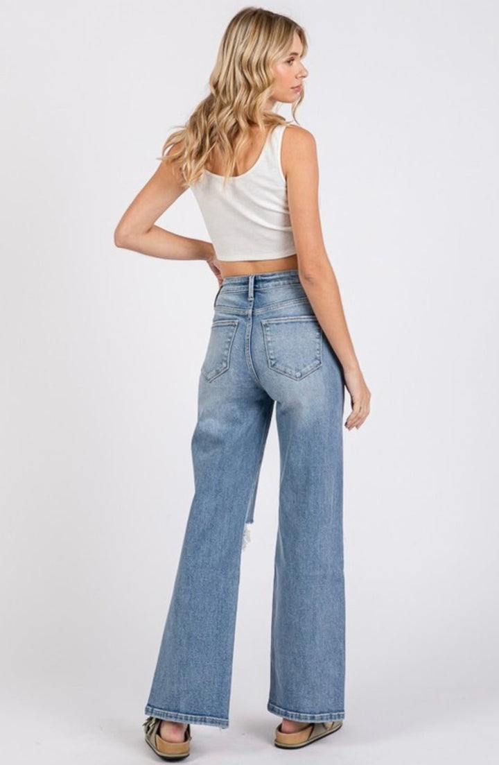 Petra High Rise Stretch Slim Wide Leg w/ Destroyed Hem Jean - eloise boutique