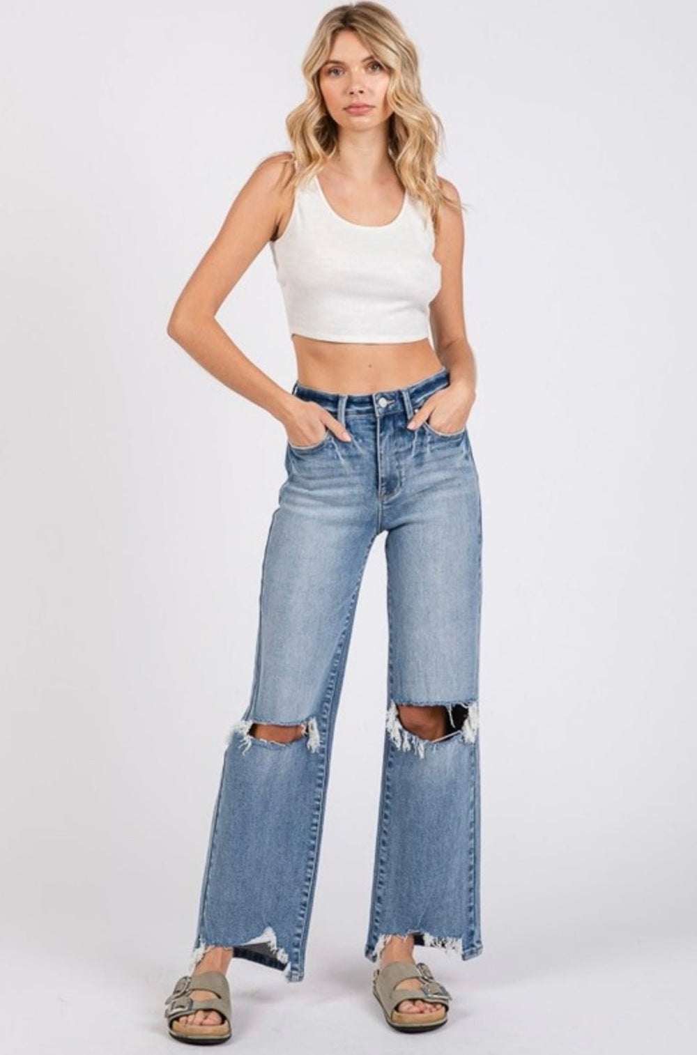 Petra High Rise Stretch Slim Wide Leg w/ Destroyed Hem Jean - eloise boutique