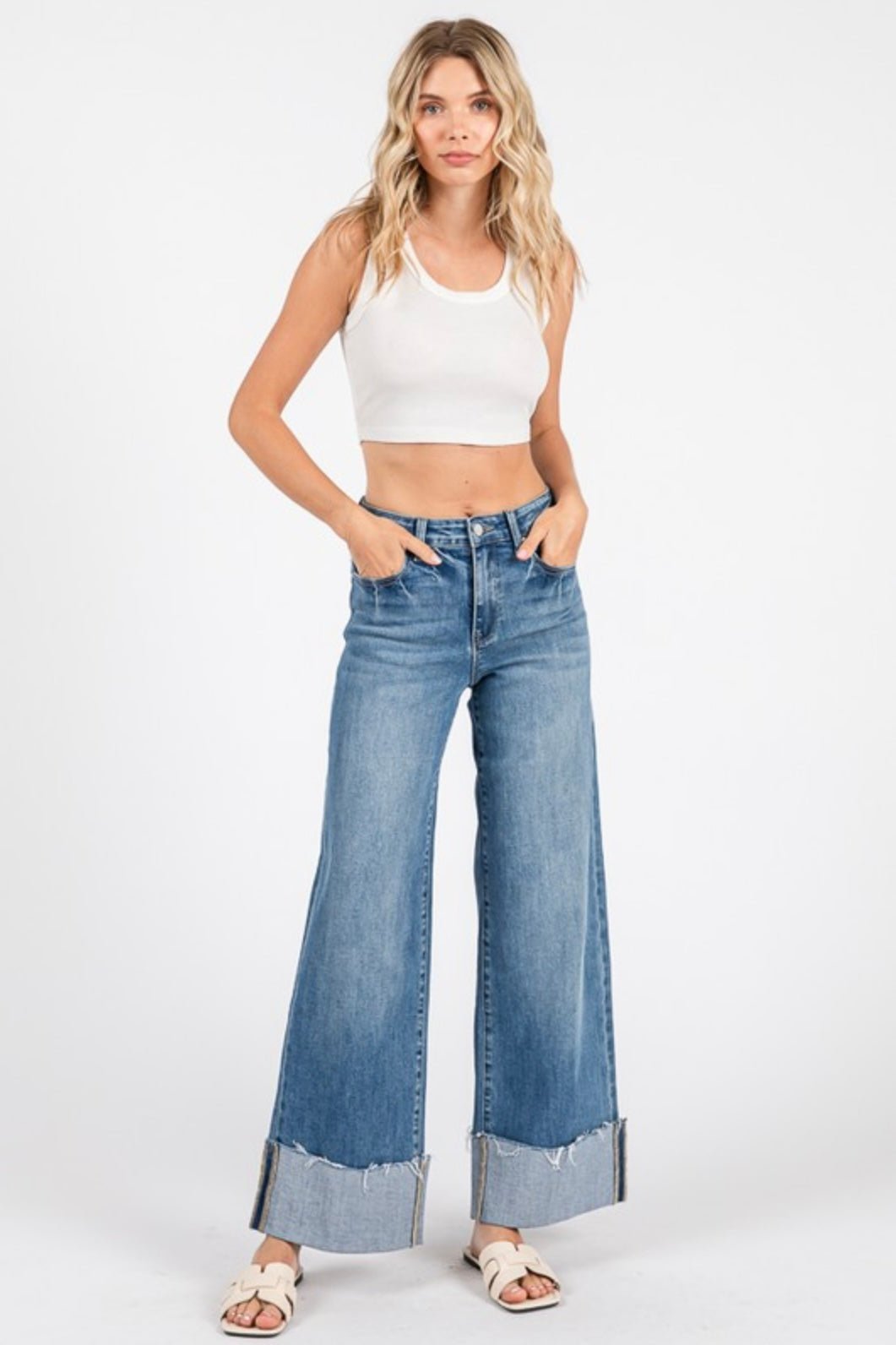 Petra High Rise Stretch Wide Leg w/ Cuffed Hem Jeans - eloise boutique