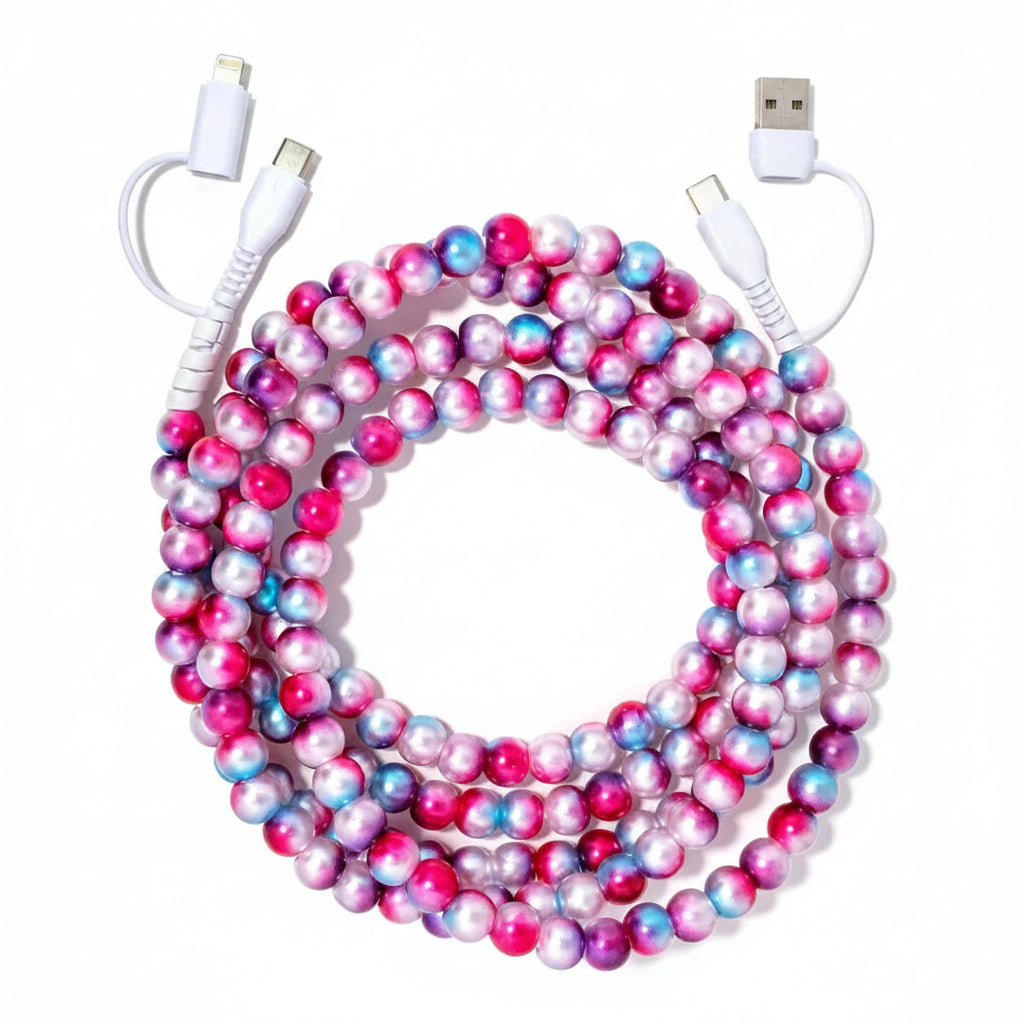 Colorful beaded cable with USB connectors on a white background