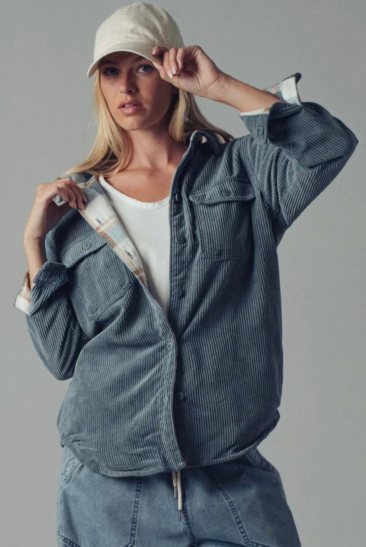 Plaid Lined Corduroy Flannel Shacket - eloise boutique
