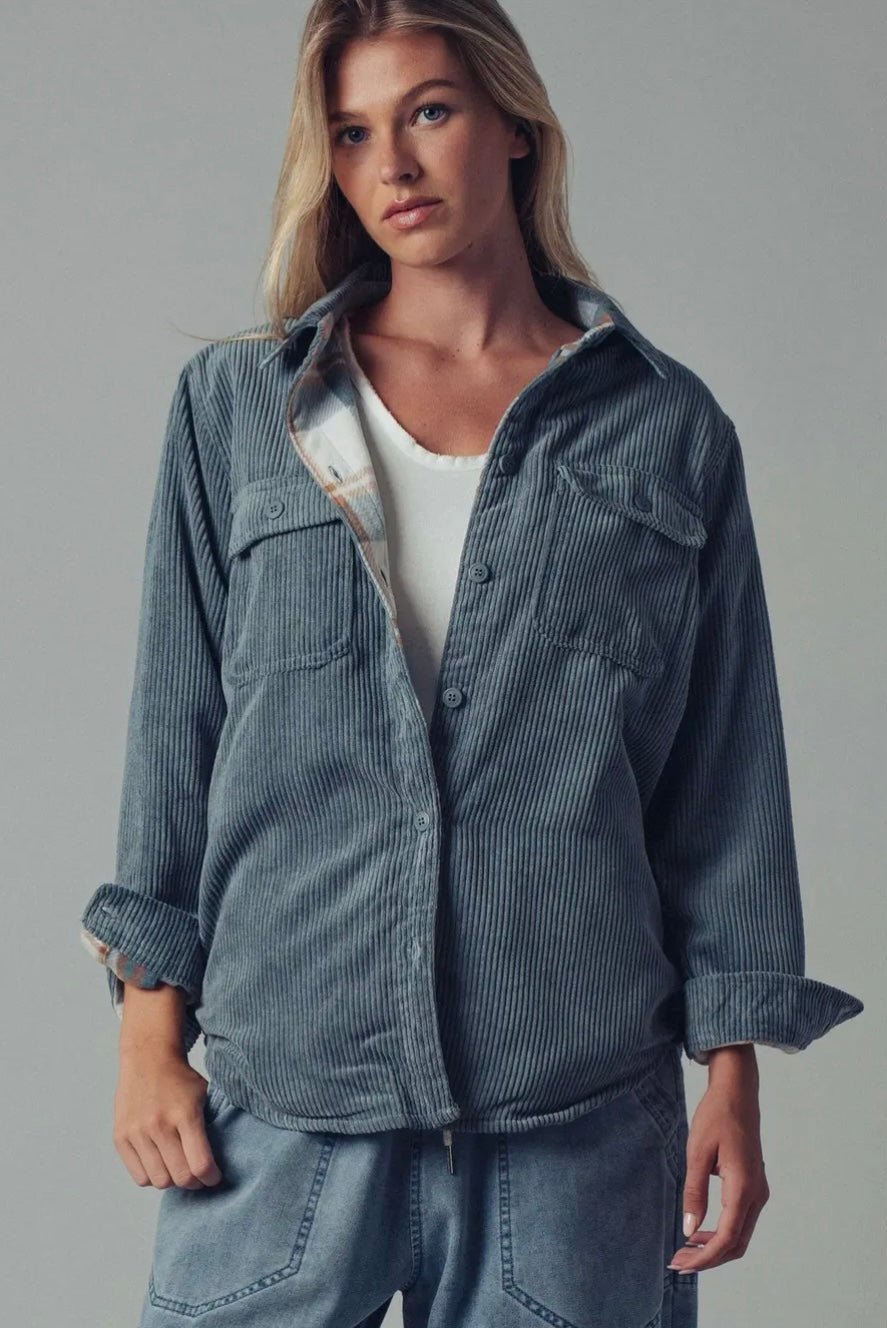 Plaid Lined Corduroy Flannel Shacket - eloise boutique