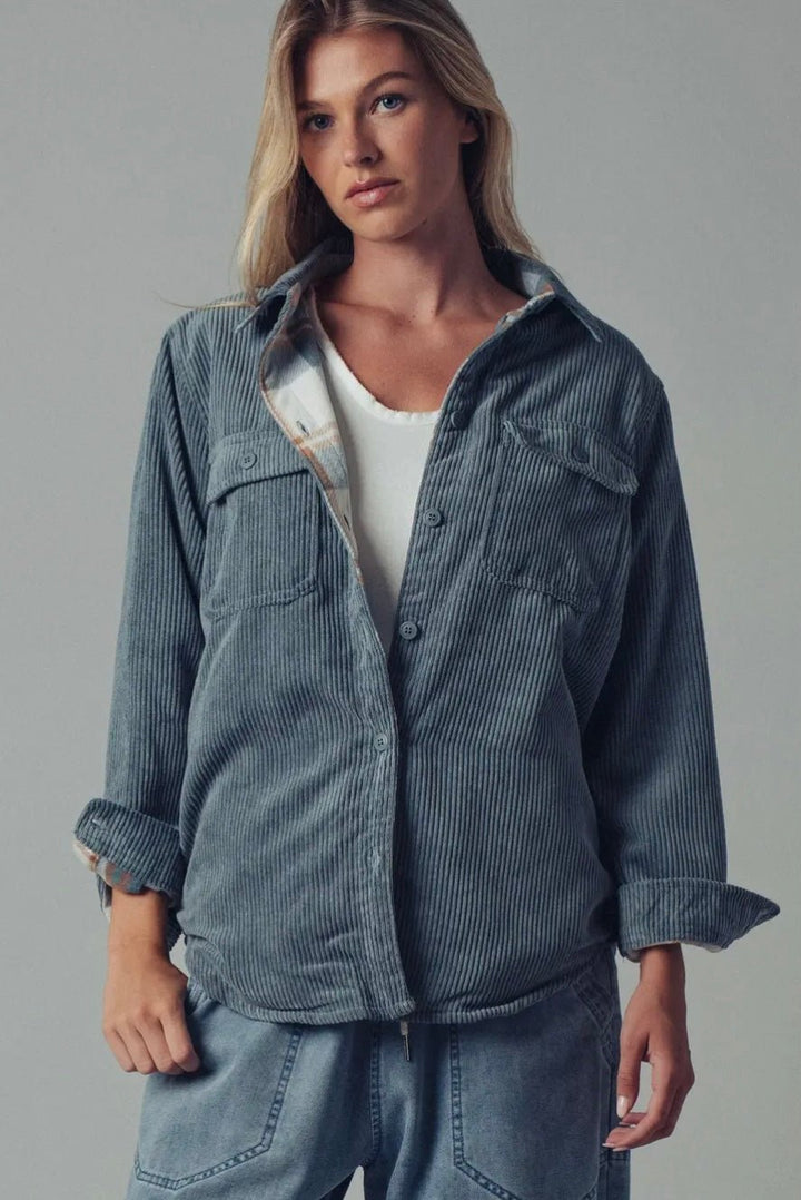 Plaid Lined Corduroy Flannel Shacket - eloise boutique