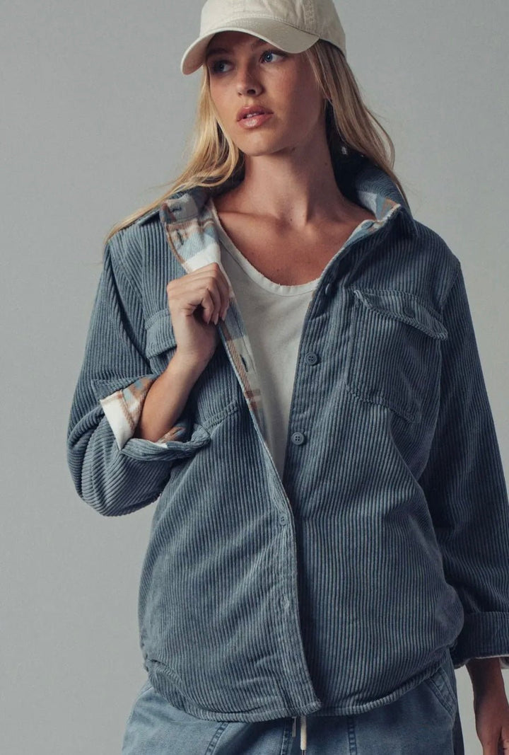Plaid Lined Corduroy Flannel Shacket - eloise boutique