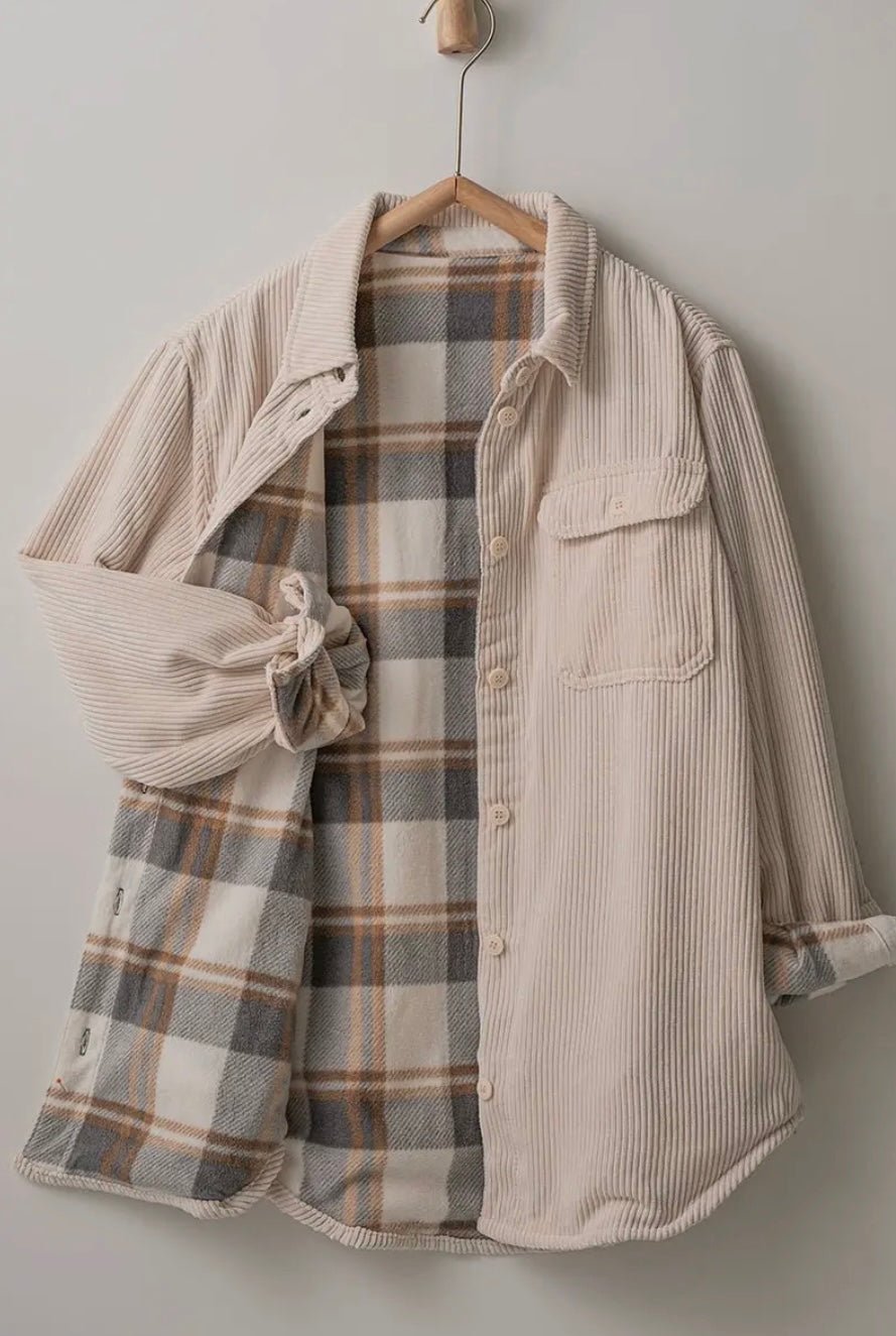 Plaid Lined Corduroy Flannel Shacket - eloise boutique