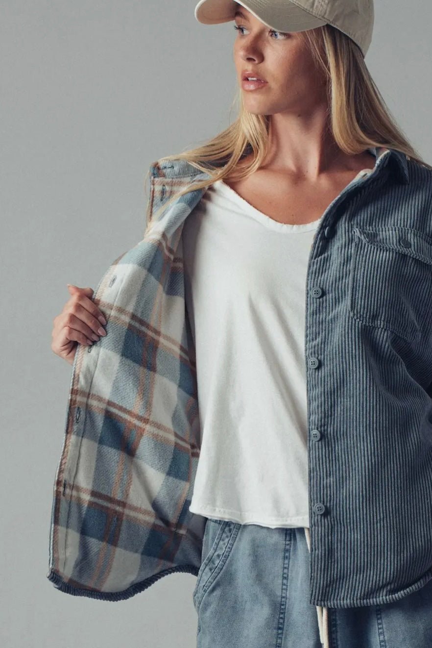 Plaid Lined Corduroy Flannel Shacket - eloise boutique