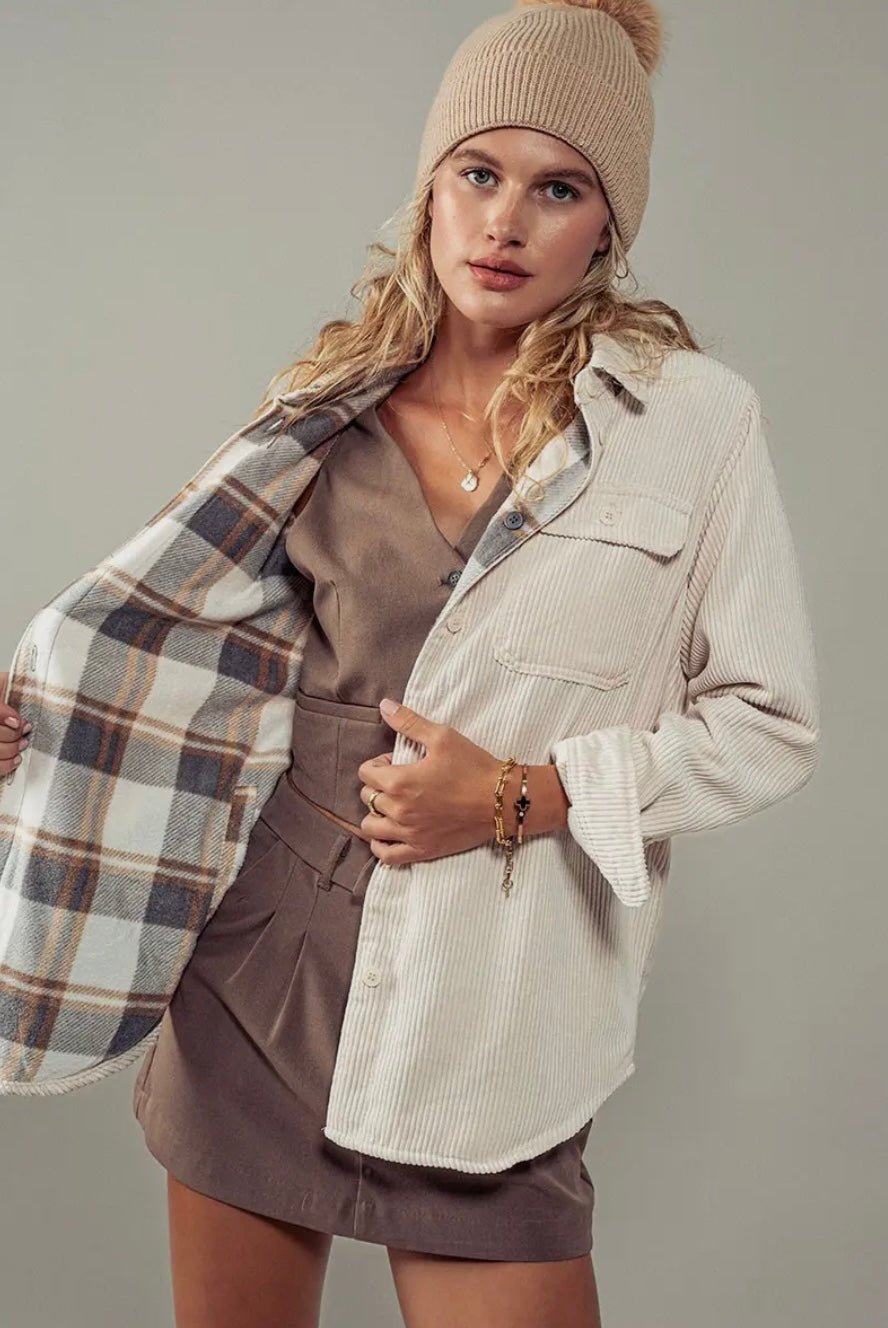 Plaid Lined Corduroy Flannel Shacket - eloise boutique