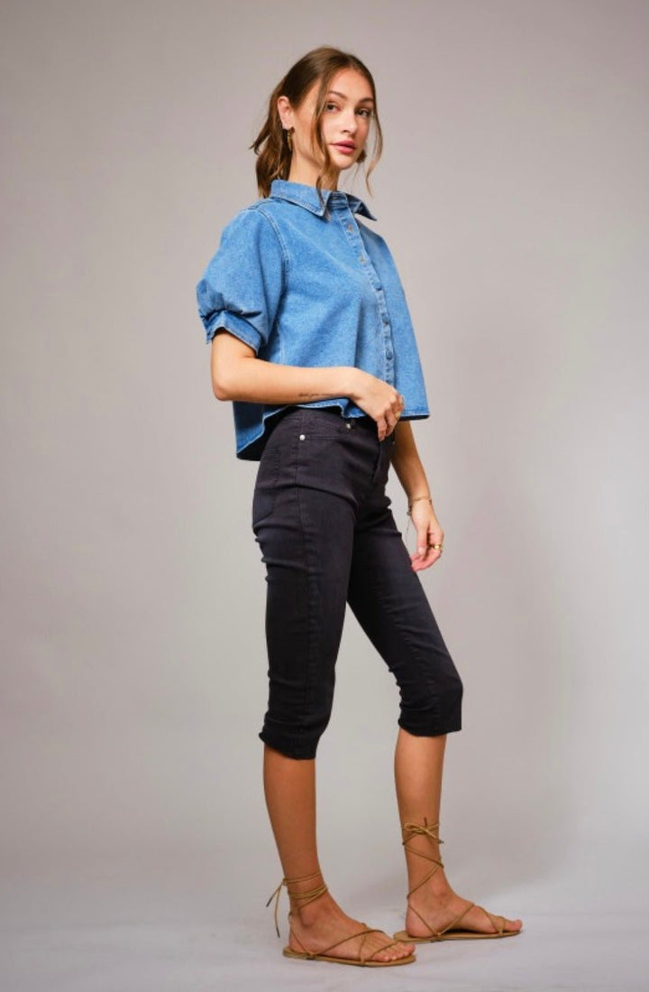 Puff Short Sleeve Button Down Denim Shirt - eloise boutique