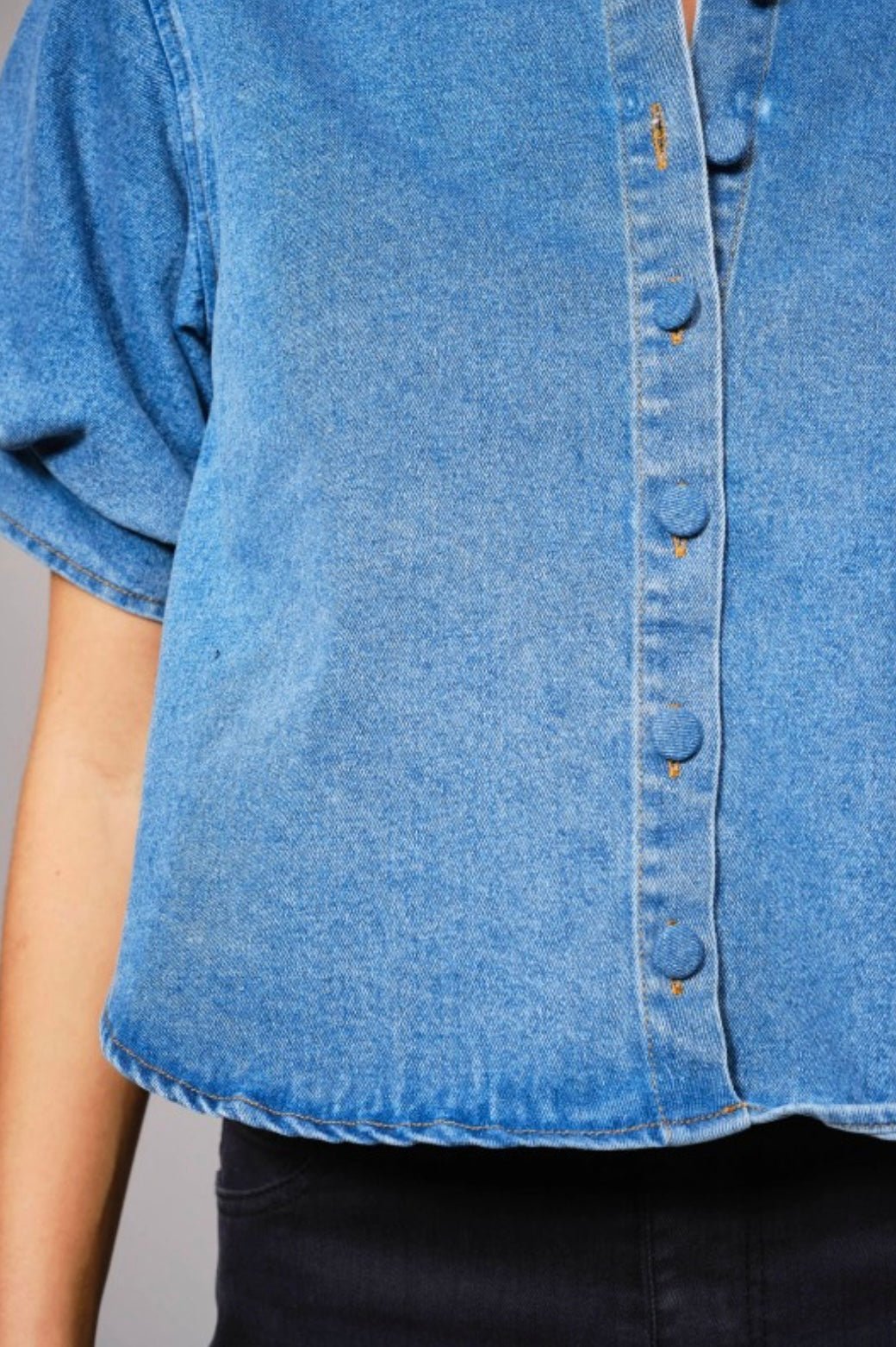 Puff Short Sleeve Button Down Denim Shirt - eloise boutique