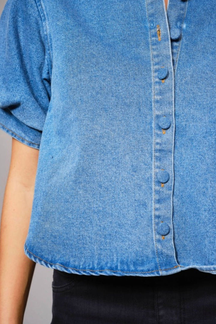 Puff Short Sleeve Button Down Denim Shirt - eloise boutique