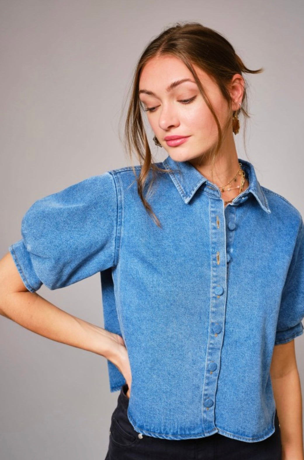 Puff Short Sleeve Button Down Denim Shirt - eloise boutique
