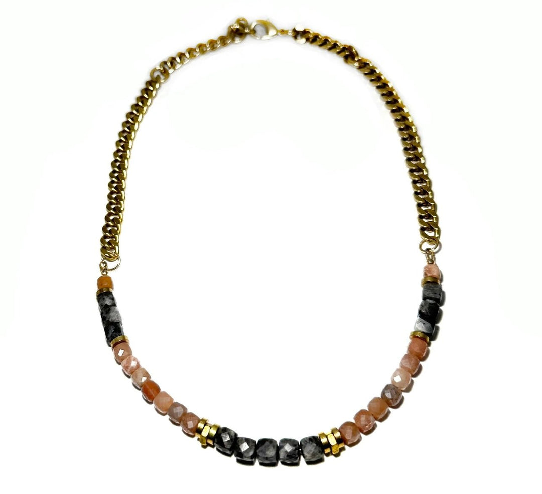 Rachel Nathan Beads &amp; Chain Necklace Larvikite &amp; Peach Moonstone - eloise boutique