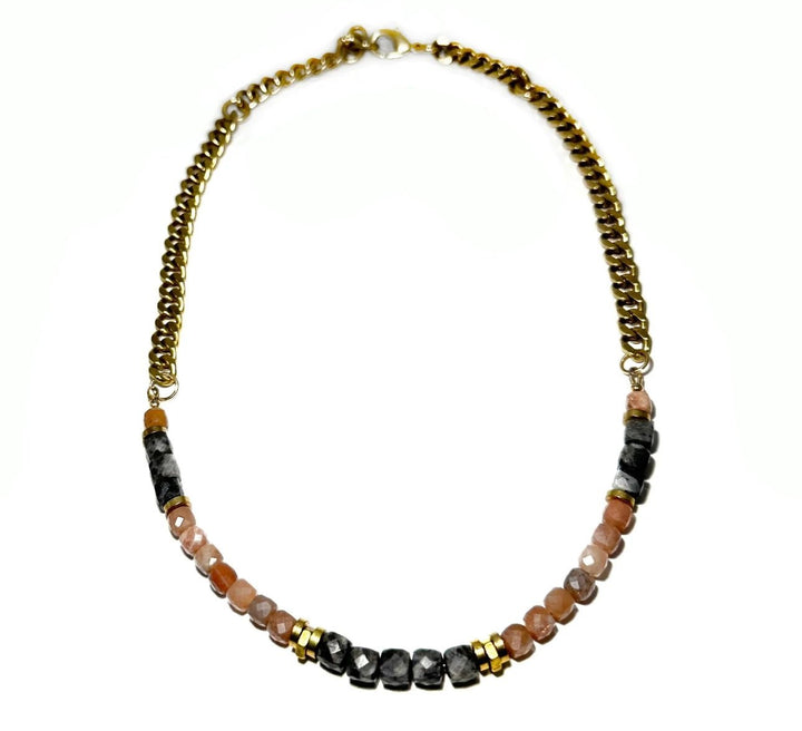Rachel Nathan Beads &amp; Chain Necklace Larvikite &amp; Peach Moonstone - eloise boutique