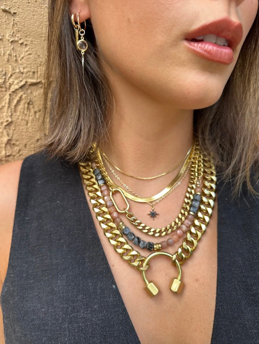 Rachel Nathan Beads &amp; Chain Necklace Larvikite &amp; Peach Moonstone - eloise boutique