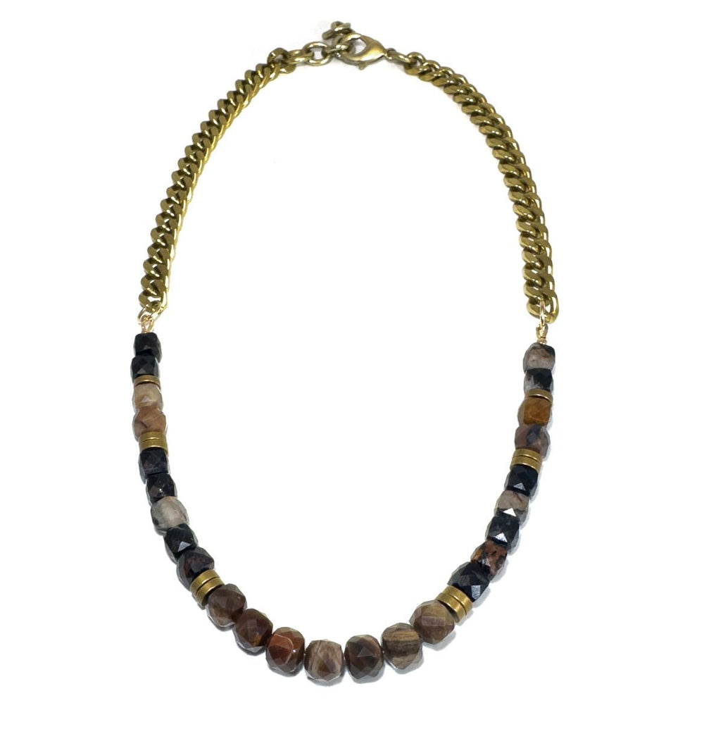 Rachel Nathan Beads & Chain Necklace Petrified Wood & Black Tourmaline - eloise boutique